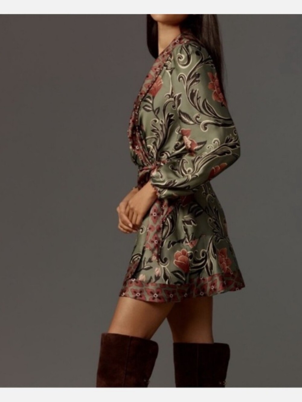 Farm Rio Floral Arabesque Wrap Dress in Deep Green and Rose - Picture 2 of 9